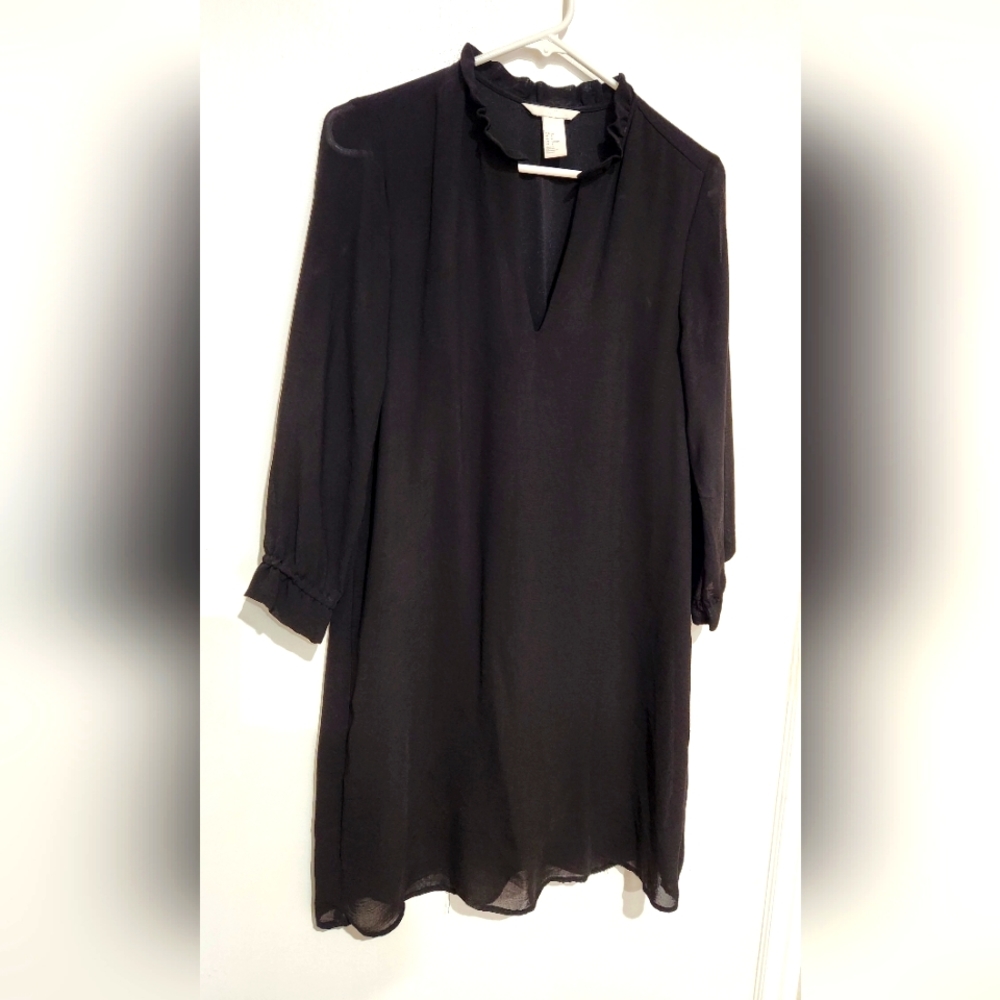 H & M black dress with ruffled neck and sleeve, Size 8